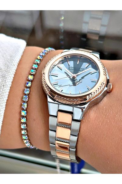 Navimarine Women's Watch with Steel Cord Rose Gold Silver Bracelet Gift