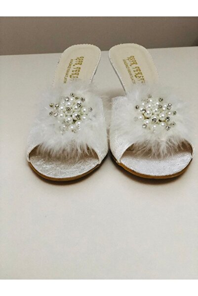 DARUGA Kadın İnce Topuklu Tüylü Çeyizlik Gelin Terliği