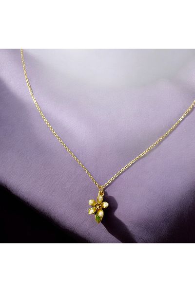 SAYILI COLLECTION Green Leaf Lotus Flower Necklace Non Tarnish Women's Necklace