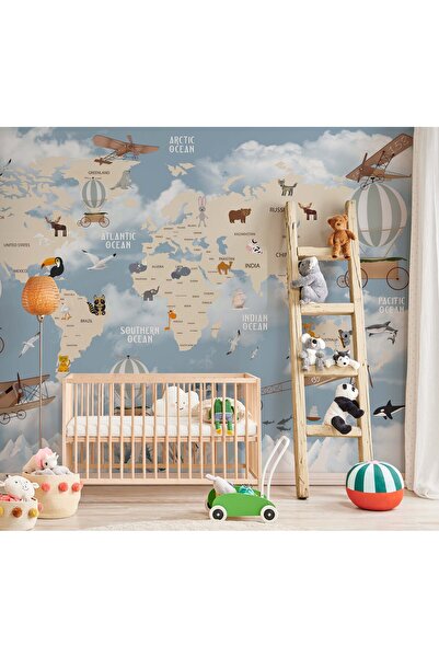 Tasarım Dünya Haritası Hayvanlar ve Ülke İsimleri Çocuk Odası Duvar Kağıdı