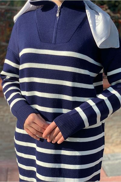 Moda Rosa 25K9240 - Dark Blue - Half Zippered Knitting Dress