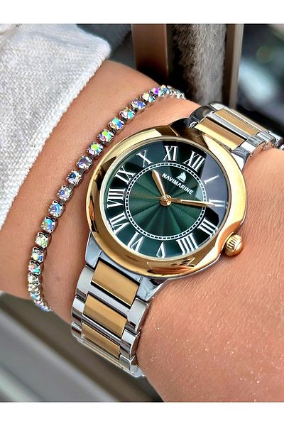 Navimarine Women's Wrist Watch with Steel Cord Double Color Green Dial Bracelet Gift