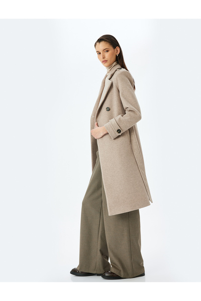 Koton Ζώνη Λεπτομερές παλτό με διπλό γιακά μακρύ κασμίρ