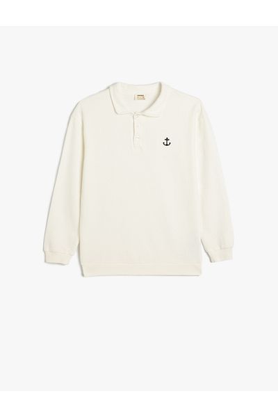 Koton Cotton Polo Neck Sweatshirt - Anchor Embroidered, Long Sleeve