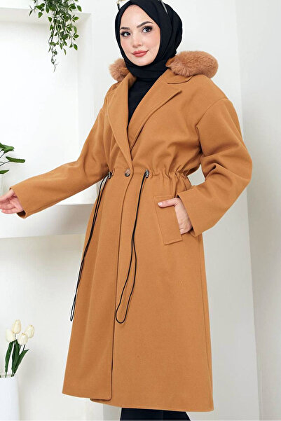 Vivika Uzun Kollu Ceket Yaka Çıkarılabilen Kürklü Kapüşonlu Beli Stoperli Las...