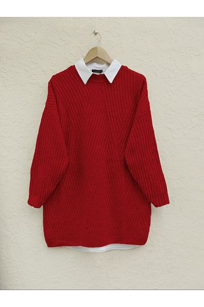 Modamorfo Red Diamond Patterned Running Knitwear Tunic