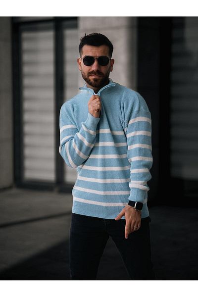 Baycombine35 Men's Stand Collar Half Zipper Thin Striped Knitwear Sweater
