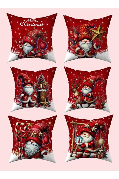 Hayal Dekoratif Újévi témájú piros háttér törpe mintás készlet 6 db digitális nyomtatott ajándék párnahuzatból