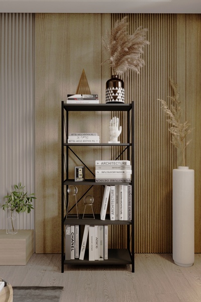 BARIN DESIGN 5 Raflı Kitaplık Demir Profil Modern İskandinav Çalışma Odası Ofis Salon Kitaplığı Evrak Rafı Metal