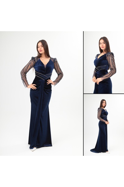 Robes فستان سهرة مخملي برقبة على شكل حرف V وأكمام طويلة مطرز بالخرز