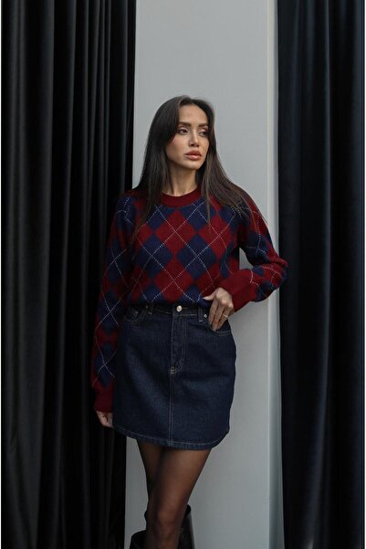 Havoş Pulover albastru bleumarin roșu claret Haley cu model diamantat