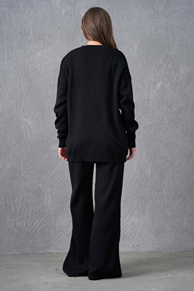 bayansepeti Women's Crew Neck Heart Print Sweater and High Waist Pants Bottom Top Black Knitwear Suit 3114