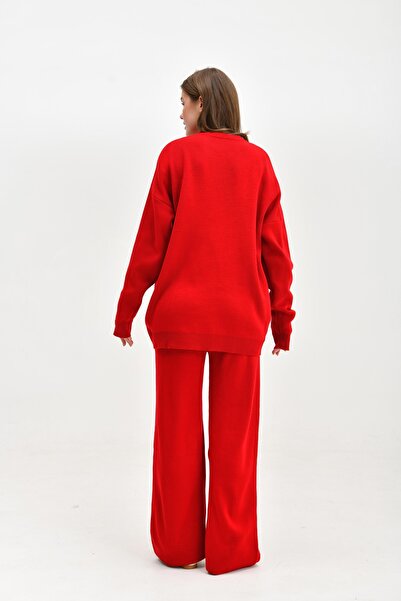 vuvutasarım Heart Print Low Sleeve Sweater and High Waist Pants Bottom Top Red Knitwear Set 3114