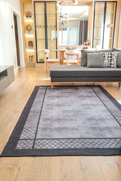 Aden Dijital Baskı Pamuk Taban Siyah Örgü Desenli Salon Halısı