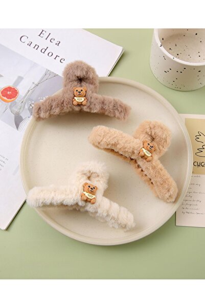 REBORN DESIGN Ayıcık Figürlü Fiyonk Model Vizon Renk 11cm Peluş Mandal Toka