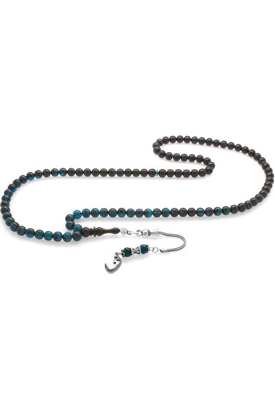 Tesbihane 925 проба срібла з бахромою, куля з вирізом, прозорий бірюзово-чорний бурштин, 99-гранна чотки