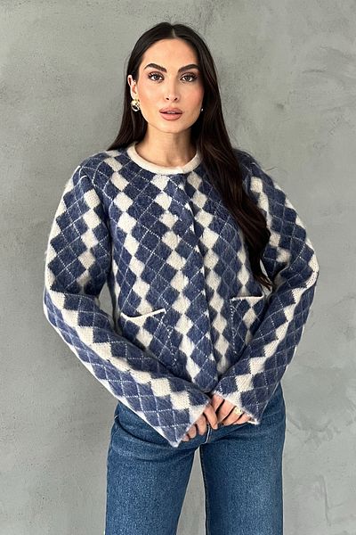 Seda Yalçın Atelier Cardigan alb albastru cu gât crew