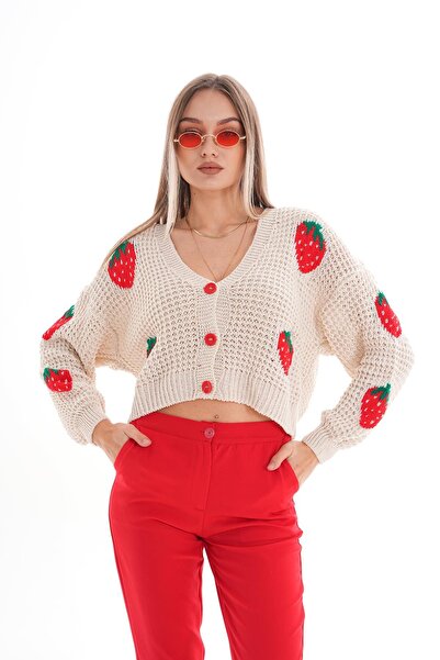 ŞİMAL Women's Buttoned Strawberry Patterned Knitted Cardigan 255227 -