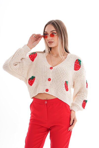 ŞİMAL Women's Buttoned Strawberry Patterned Knitted Cardigan 255227 -