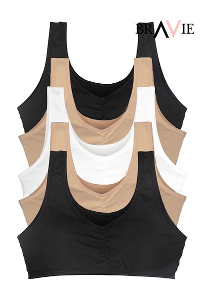 Bravie Girls' Cotton Bustiers - Wide Strap, Soft Sponge, 5 Pack, 2 Black- 2 Skin- 1 White
