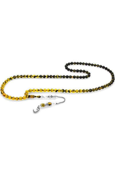 Tesbihane 925 проба срібла з бахромою, куля з вирізом, жовтий-чорний вогняний бурштин, 99-гранна чотки