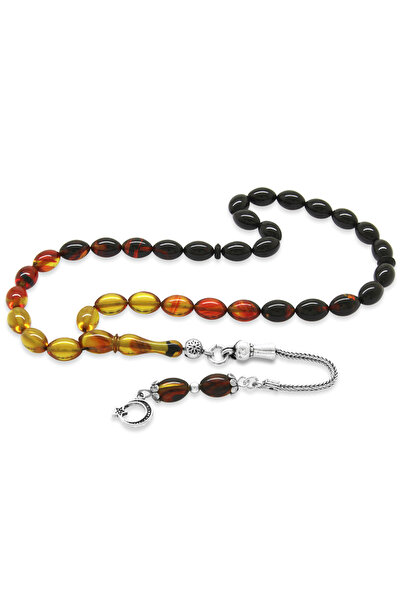 Tesbihane 925 Ayar Gümüş Püsküllü Bilek Boy Süzme Bal Rengi Ateş Kehribar Tesbih