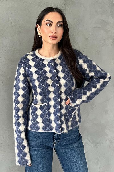 Seda Yalçın Atelier Cardigan alb albastru cu gât crew