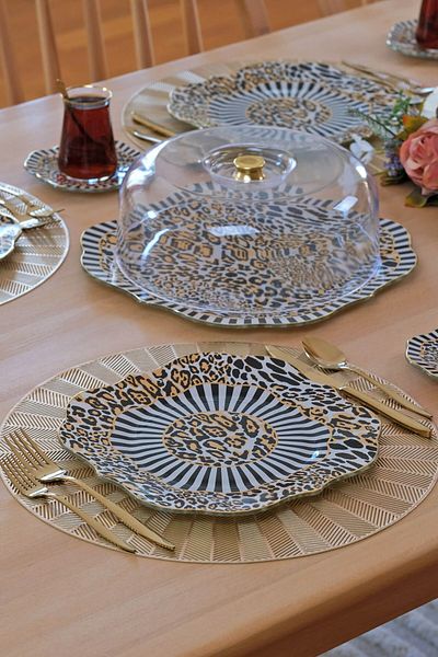 Glore Leopard Gold Gilt Glass Serving Plate Set for 6 People