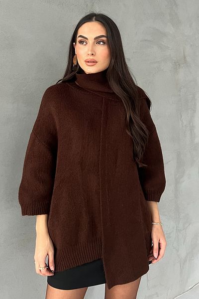 Seda Yalçın Atelier Brown Short Sleeve Shawl Detail Oversize Sweater