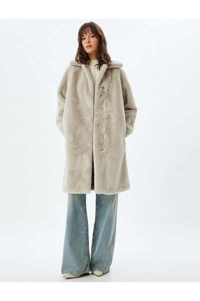 Koton Long Plush Coat with Snap Button Pocket