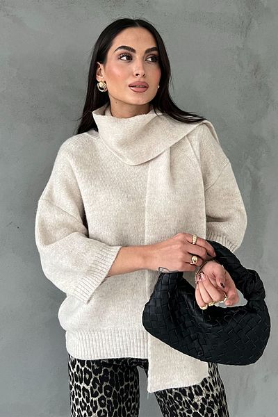 Seda Yalçın Atelier Oversize Stone Color Sweater - Short Sleeve and Shawl Detail
