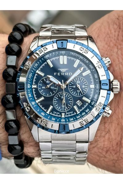 FERRO Brand Steel Band, Silver Color, Navy Blue Dial Men's Wrist Watch + Bracelet Gift