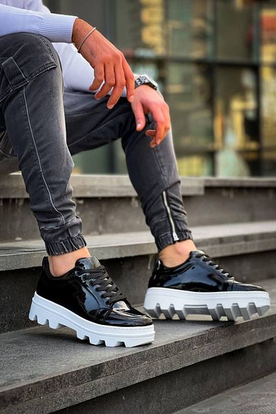 BOA Kb 056 Black Patent Leather White High Sole Casual Sneakers