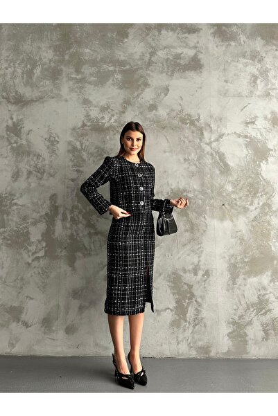 bm bessomoda fashion boutique طقم سترة نسائية من التويد الأسود بحاشية متوسطة الطول