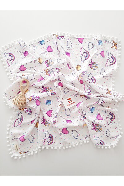 ilkimbebe 85X90 Rainbow - Pompom, Single Layer, Muslin Patterned Baby Blanket, 100% Cotton
