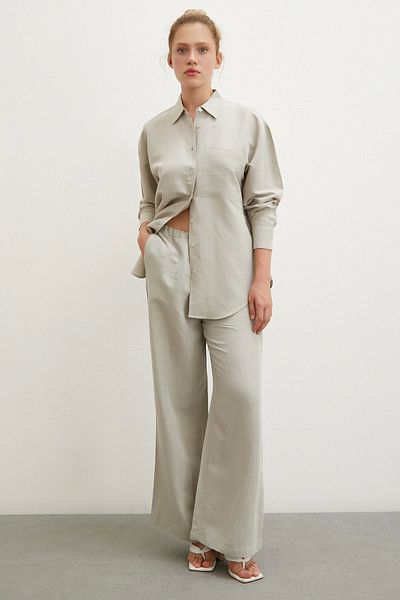 Never more Khaki Colored Wide Leg and Elastic Waist Trousers