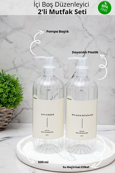 homence Plastic Bottle Kitchen Set of 2 Transparent Soap Dispensers with Dishwashing Liquid and Liquid Soap Label 500 ml