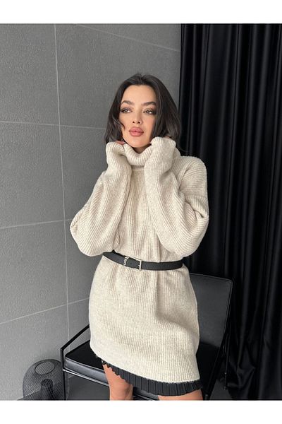 Modamorfo Steinfarbenes, weiches Pulloverkleid mit weitem Ausschnitt