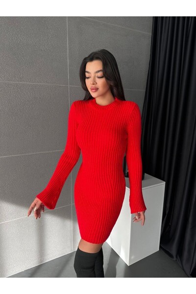 Modamorfo Spanyol Sleeve Crew Neck Kötött ruha -piros