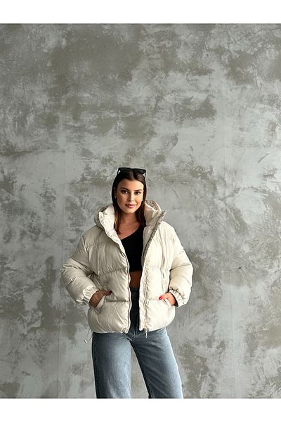 bm bessomoda fashion boutique Women's Beige Hooded Oversize Puffer Coat