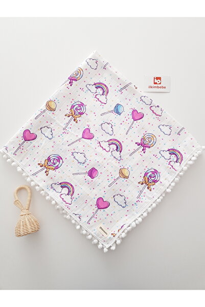 ilkimbebe 85X90 Rainbow - Pompom, Single Layer, Muslin Patterned Baby Blanket, 100% Cotton