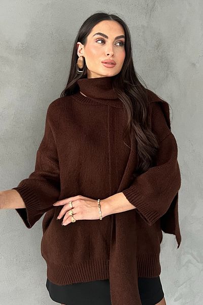 Seda Yalçın Atelier Brown Short Sleeve Shawl Detail Oversize Sweater