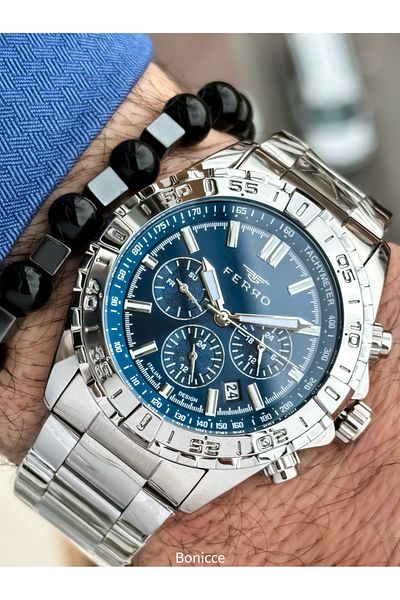 FERRO Brand Functions Active, Steel Band, Silver Color, Navy Blue Dial Men's Wrist Watch Bracelet Gift