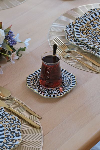 Glore Leopard Gold Gilded 12-Piece Glass Tea Set for 6 People