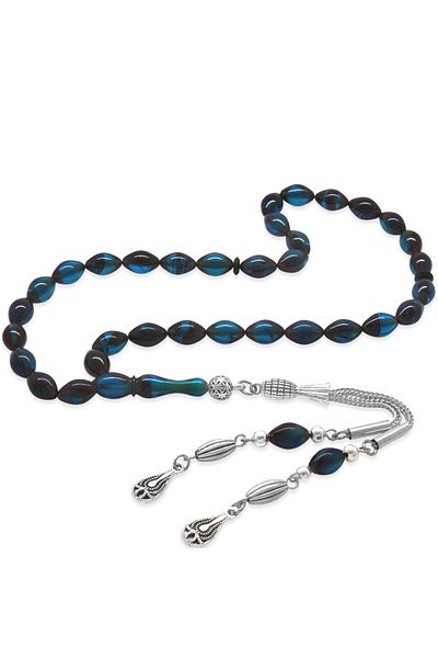 Tesbihane Non-Tarnish Metal Water Drop Tasseled Barley Cut Blue-black Clamping Amber Prayer Beads