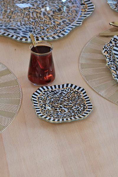 Glore Leopard Gold Gilded Glass Tea Plate Set for 6 People