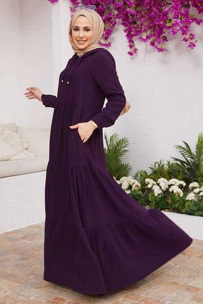 Neways 6531-Plum Hooded Raglan Sleeve Crepe Dress