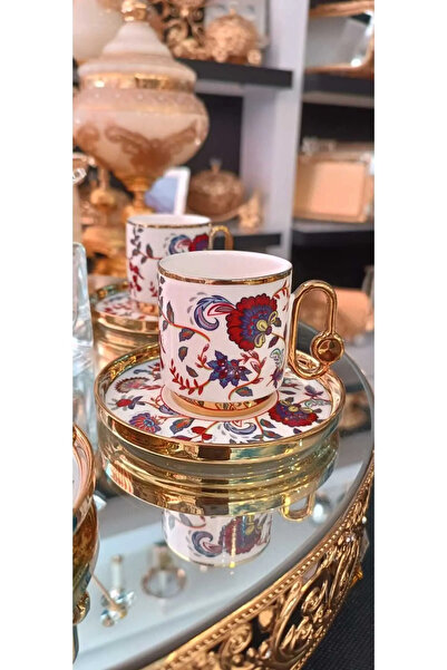 Kosova Modern Lüks Gold Ve Çiçek Detaylı 6lı Kahve Fincanı