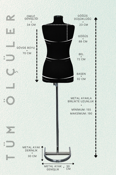 Acar Raf Terzi Mankeni Süngerli Prova Mankeni Siyah Kumaş Kaplamalı 38 Beden