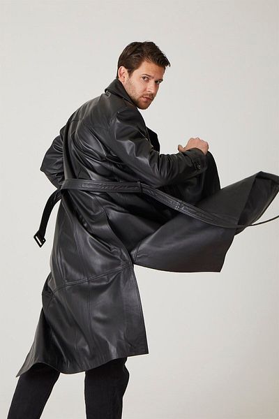 Deriderim Black Matrix Double Breasted Trench Coat - Men's Genuine Leather Coat with Button Closure, Slit and Belt